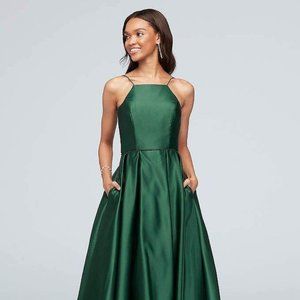 High-Neck Satin A-Line Dress - Emerald